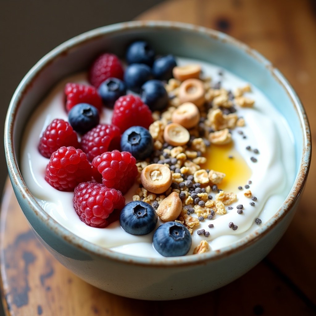 Yogurt bowl filled with raspberries blueberries hazelnuts granola chia seeds and honey