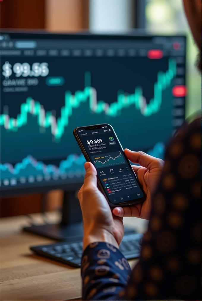 A person holding a smartphone displaying cryptocurrency data with a chart on a computer monitor in the background, conveying the theme of digital financial trading.