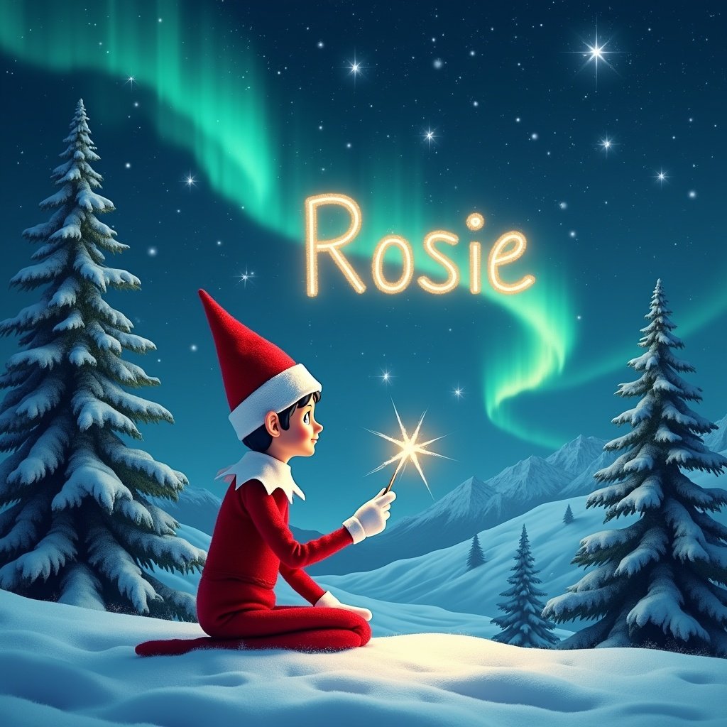 A red elf sits in snowy mountains. Elf uses a wand to write 'Rosie' in the sky. Vibrant northern lights shine above. Scene includes deep snow and tall pine trees. Captures holiday magic.