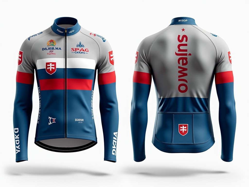 The image showcases a modern long-sleeved cycling jersey that is designed for performance and style. The jersey features a light gray base color with striking blue and red accents, which adds a sporty look. One sleeve displays a stylized Slovak flag, symbolizing national pride. Logos and graphical elements are prominently displayed on both the front and back, highlighting sponsorships and branding. A name is elegantly printed on the back, along with additional decorative patterns, making it a perfect fit for cycling enthusiasts and competitive teams.