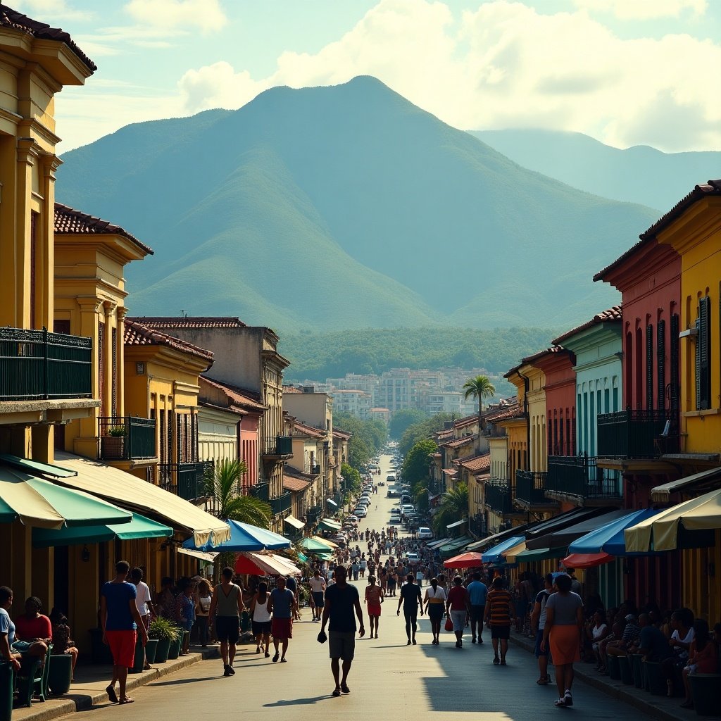 A scenic view of Kingston's bustling main street with colorful colonial buildings and mountains in the background. Crowds of people stroll along the shops and cafes, capturing a vibrant atmosphere.