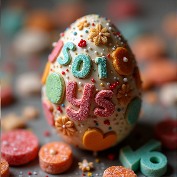 A decorative egg adorned with letters, flowers, and sprinkles, surrounded by vibrant candies.