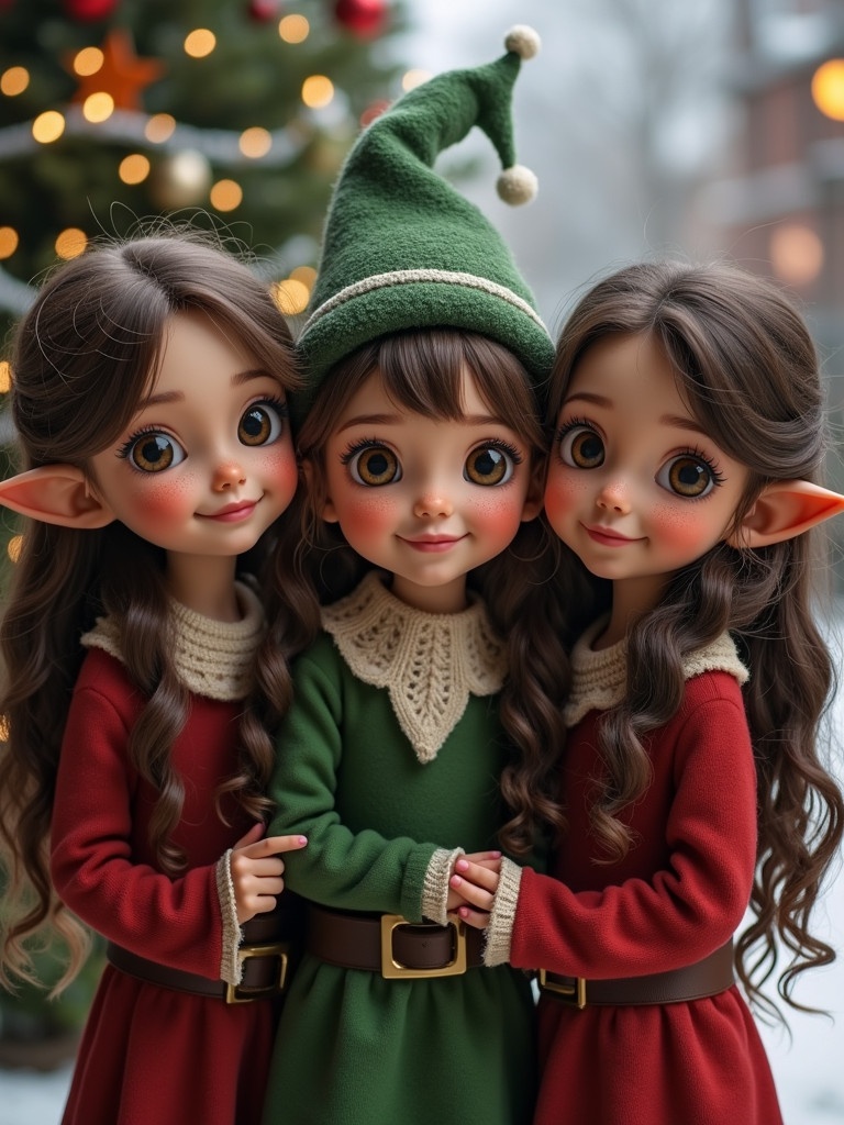 Three girl elves featuring two human friends. Both humans with long dark brown hair and freckles. The background includes a festive Christmas scene.