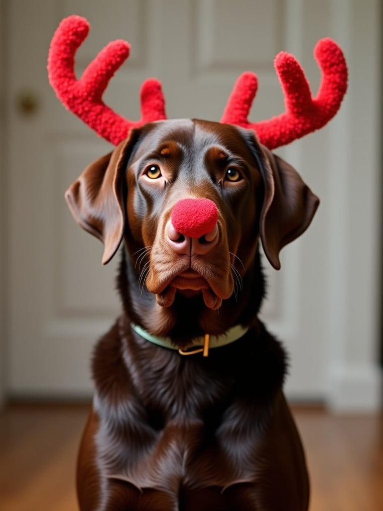 A chocolate-colored Labrador Retriever dressed as a festive Christmas reindeer with antlers and a red nose.