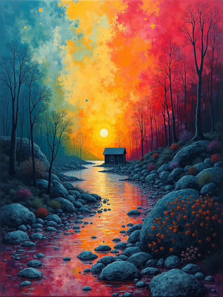 A vibrant river scene with a colorful sunset sky, barren trees, rocks, and a small cabin reflecting on the water.