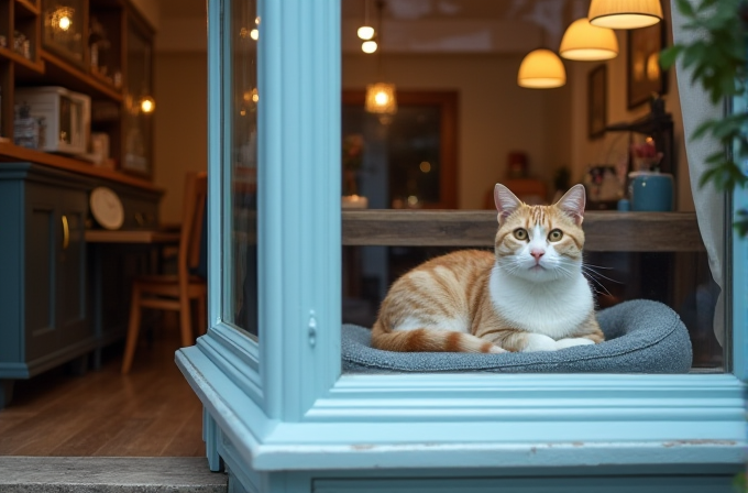 A ginger cat relaxes on a cushion by a window in a warmly lit room.