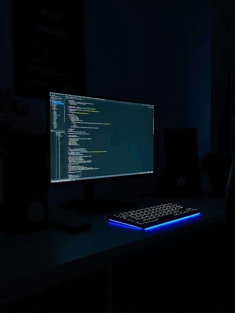 Dimly lit desk setup includes a monitor with code displayed in a text editor. Backlit keyboard glows softly in low light.