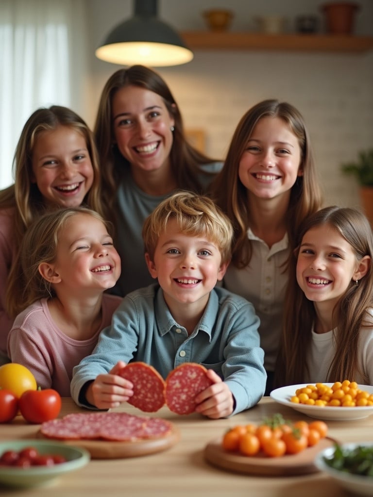 A cheerful kitchen scene. A young boy holds slices of salami. Four girls surround him. They are laughing and enjoying their time. The kitchen ambiance is light and warm. Various food items are on the table. Happy expressions show togetherness. Soft lighting enhances warmth.