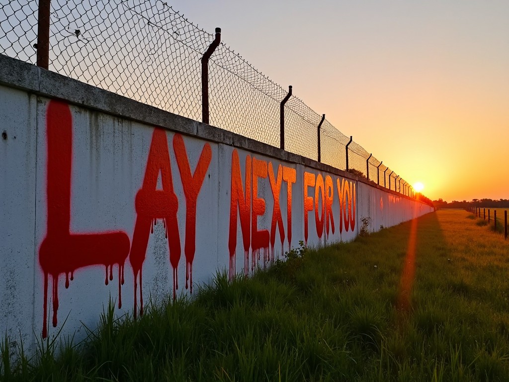 The image showcases a wall adorned with vibrant red graffiti that reads 'LAY NEXT TO YOU'. It is set against a stunning sunset, with the sun just about to dip below the horizon, casting warm hues across the scene. Above the graffiti, a chain-link fence adds an industrial touch, contrasting with the lush green grass at the base. The perspective is low, drawing attention to the graffiti while capturing the expanse of the sky. The setting evokes a sense of contemplation and beauty in urban spaces.