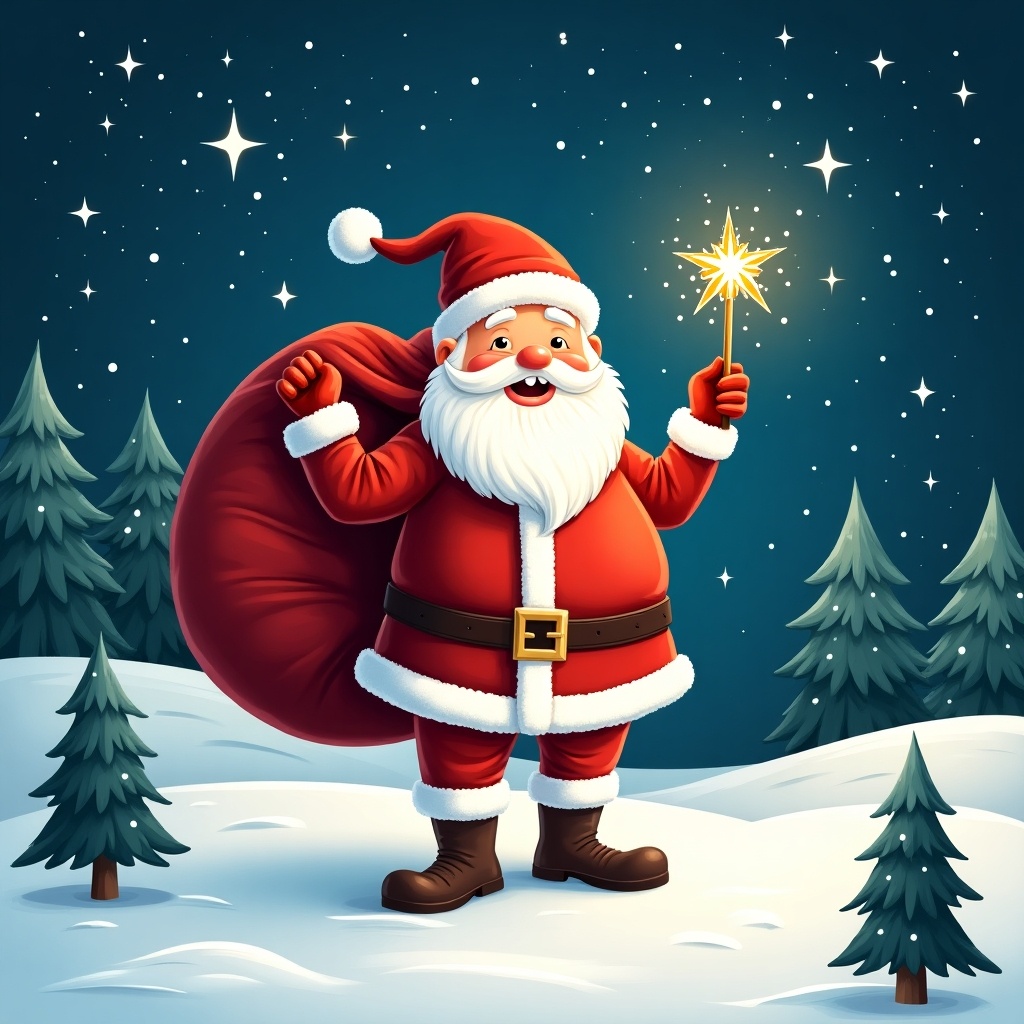 The image shows a cheerful Santa Claus in a snowy landscape. He carries a large red sack over his shoulder and holds a sparkly wand. His traditional red and white outfit complements the festive atmosphere. The night sky twinkles with stars, enhancing the holiday spirit. Pine trees add to the winter scene, creating a magical moment. This illustration captures the joy of the Christmas season, making it perfect for festive themes.