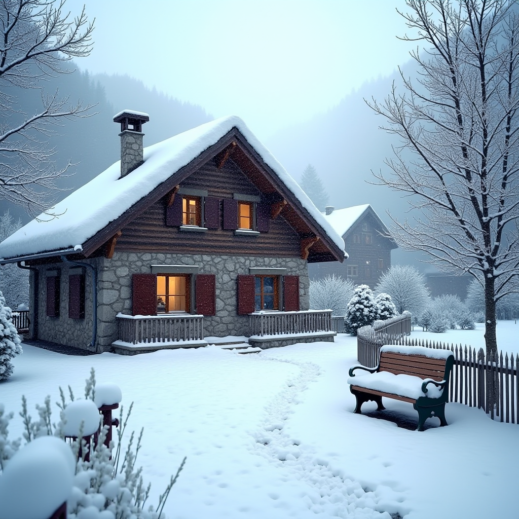 A cozy snowy cabin with warm glowing windows, surrounded by trees and snow-covered landscape.