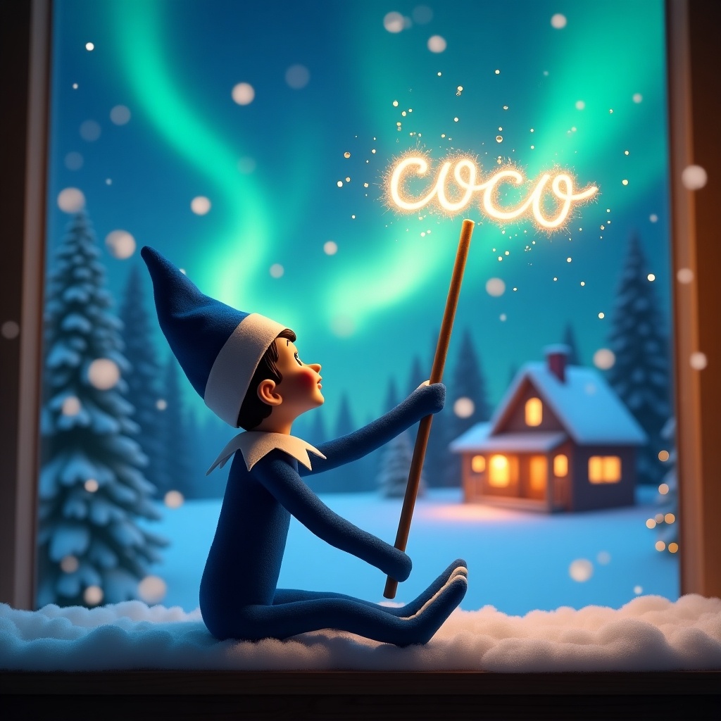 A blue elf sits with its back to the viewer. It gazes upward and holds a glowing wand. The background features swirling northern lights and a cozy decorated house. Snow covers the ground, enhancing the winter charm. The elf shows playfulness and the essence of Christmas magic.