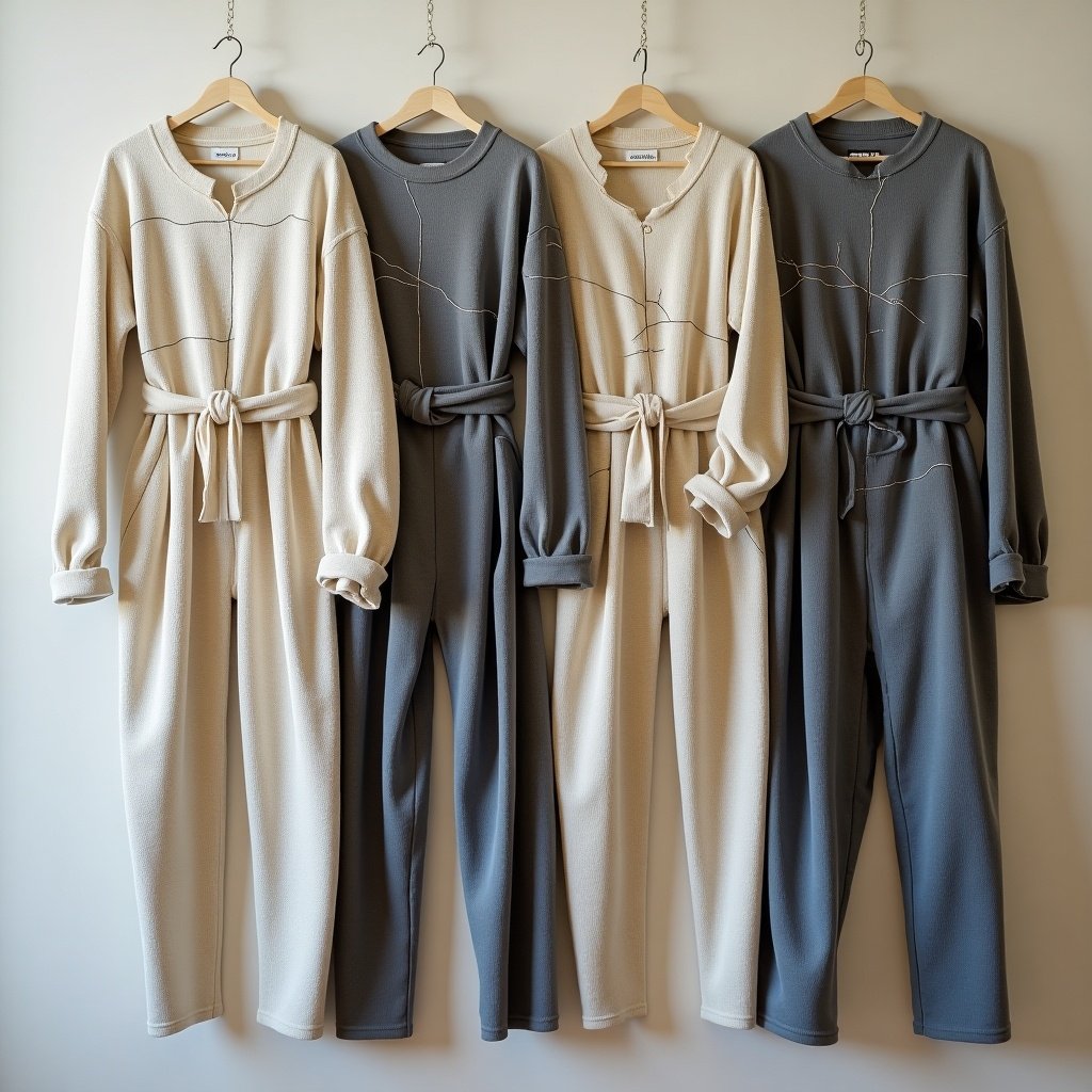 Clothing items displayed on hangers. Four jumpsuits with different colors. Neutral tones and relaxed fit. Soft textures and modern design.