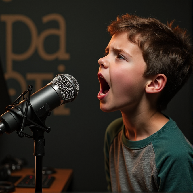 A young boy passionately singing or speaking into a microphone in a cozy indoor setting.