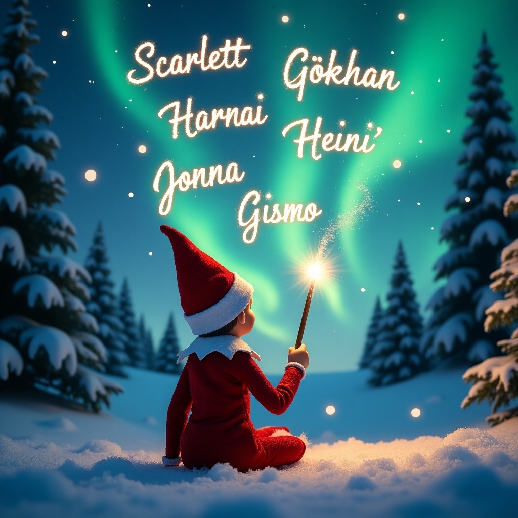 The image features an elf on the shelf, sitting with its back to the viewer, facing a beautiful sky filled with northern lights. The elf is using a magical wand to write names in the sky. The scene is set in a winter wonderland with snow covering the ground and evergreen trees in the background. Above the elf, the names 'Scarlett', 'Gökhan', 'Heidi', 'Jonna', and 'Gismo' are elegantly written in sparkling light. The overall atmosphere is whimsical and festive, embodying the magic of Christmas.