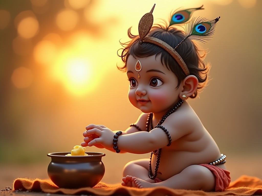 The image depicts a baby Shiva, adorned with a cute headband made of peacock feathers, capturing a playful and mischievous essence. He reaches out with excitement towards a small pot of butter beside him, reflecting a joyful nature reminiscent of Krishna. The setting sun casts a warm golden light that envelops the scene, creating a serene and lovely backdrop. The baby's wide eyes glisten with curiosity, enhanced by the tiny rudraksha bracelet he wears on his wrist. This illustration beautifully combines innocence with cultural significance, inviting viewers to appreciate the playful spirit in a traditional context.