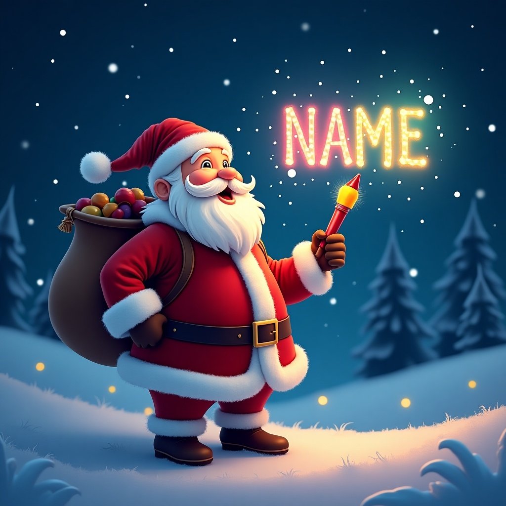 This image features a cheerful Santa Claus in a vibrant red suit, joyfully writing the name 'NAME' in the night sky using a colorful glow pen. The backdrop showcases a cozy winter landscape with snow-covered trees and soft lighting. Colorful ornaments fill his sack, further enhancing the festive mood. The scene evokes a sense of magic and wonder, suitable for holiday celebrations. The glowing text in the sky adds a whimsical touch, perfect for a Christmas theme.