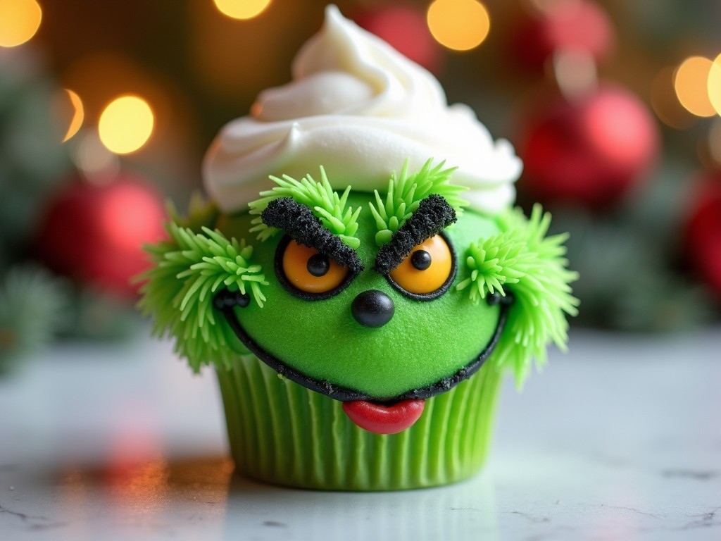 This image features a creatively designed cupcake resembling the Grinch from Dr. Seuss's Christmas tale. The cupcake is vibrant green, topped with swirls of white frosting. It has distinctive facial features, including mischievous eyes, black eyebrows, and a playful tongue sticking out. The background is subtly decorated with holiday ornaments, creating a warm and festive ambiance. This delightful treat would be perfect for holiday gatherings or themed parties.