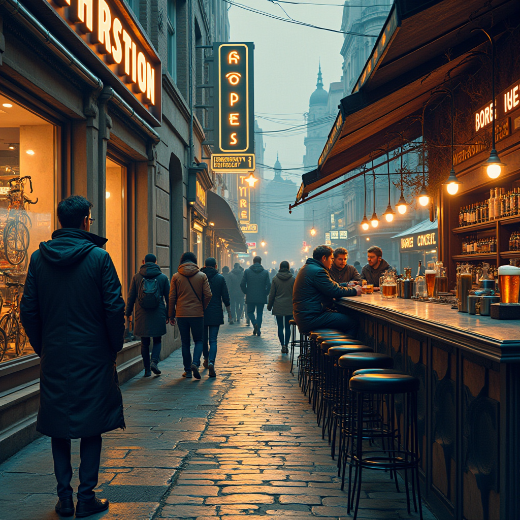 A moody, bustling street scene with neon signs and a cozy bar under warm lighting.