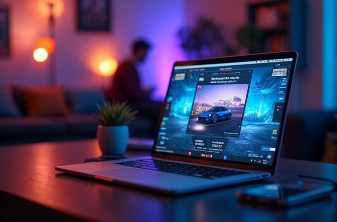 A laptop displaying a car advertisement sits on a desk with a plant, while a distant person sits on a couch in a dimly lit room.