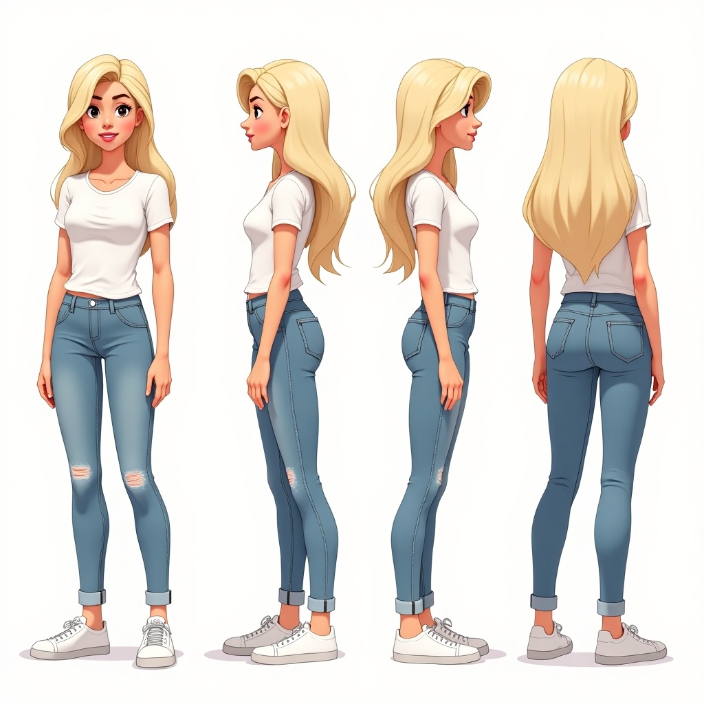 Character design showcase stylized female teenage with long hair. Features multiple views including front, side, back, three-quarter angles. Female has a torch. Wears t-shirt and jeans. White shoes. Detailed depiction of attire and physique.