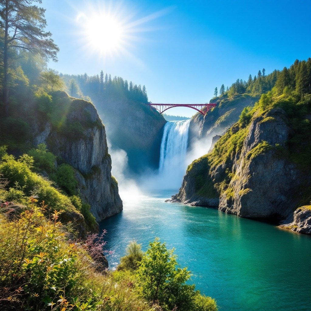 Scenic view of a red suspension bridge over water. Breathtaking waterfall cascading down cliffs into a serene lake. Lush green landscape with dense trees. Calm lake surface reflecting the sky. Bright sun casting warm light and creating sparkle. Peaceful and awe-inspiring natural scene.