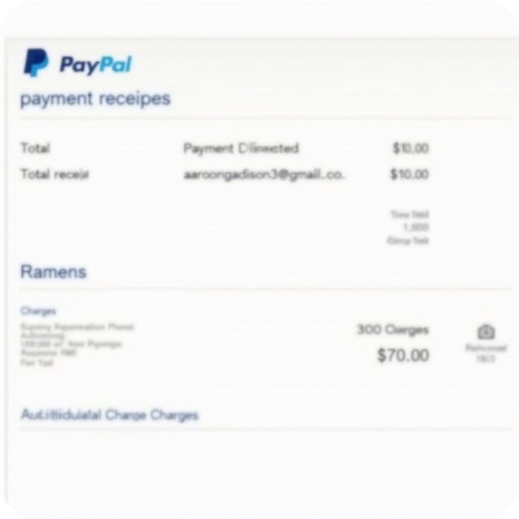 This image shows a PayPal payment receipt. It has the PayPal logo at the top. The total payment is $70.00 to an email address. The layout is clean and professional. There are sections for receipts and charges. Bold text is used for clarity. The background is simple for better readability.