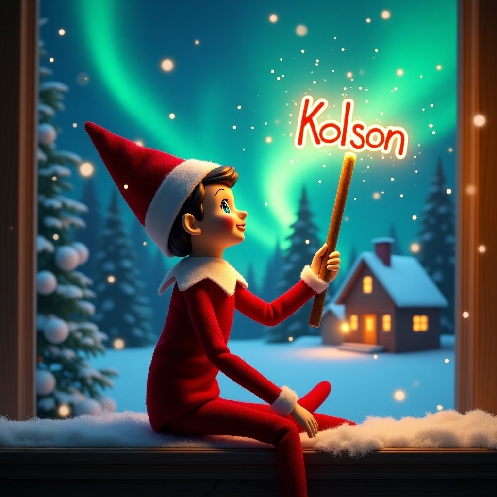 Elf on the shelf gazes upward. The elf holds a glowing wand. Northern lights fill the sky. A cozy house stands in the background. Snow covers the ground. The name Kolson glows from the wand.