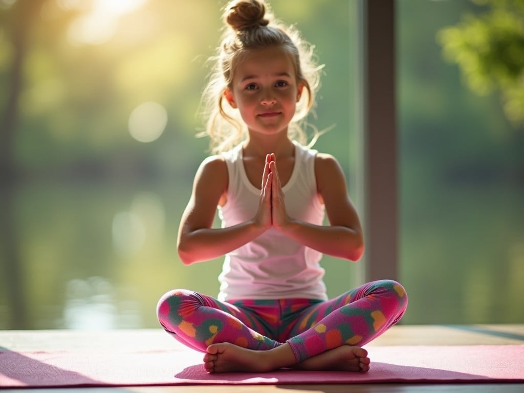 A young girl is practicing yoga while seated in a cross-legged position on a colorful yoga mat. She wears colorful leggings and a simple tank top, creating a vibrant and inviting aesthetic. The setting is bright, filled with natural light that highlights her peaceful expression. Her hands are pressed together in a prayer position, symbolizing mindfulness and tranquility. The background features soft greens and a serene water view, enhancing the calm atmosphere.