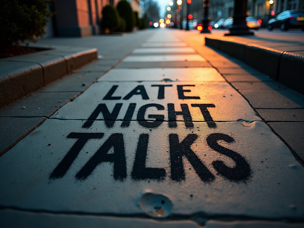 The image captures a close-up view of a sidewalk. Dominating the scene is the bold spray-painted text that reads 'LATE NIGHT TALKS'. The background features a softly lit urban environment, with streetlights casting a warm glow. The pavement's texture and the surrounding architecture add depth to the scene. This image evokes a sense of nightlife and casual conversations, emphasizing urban culture.