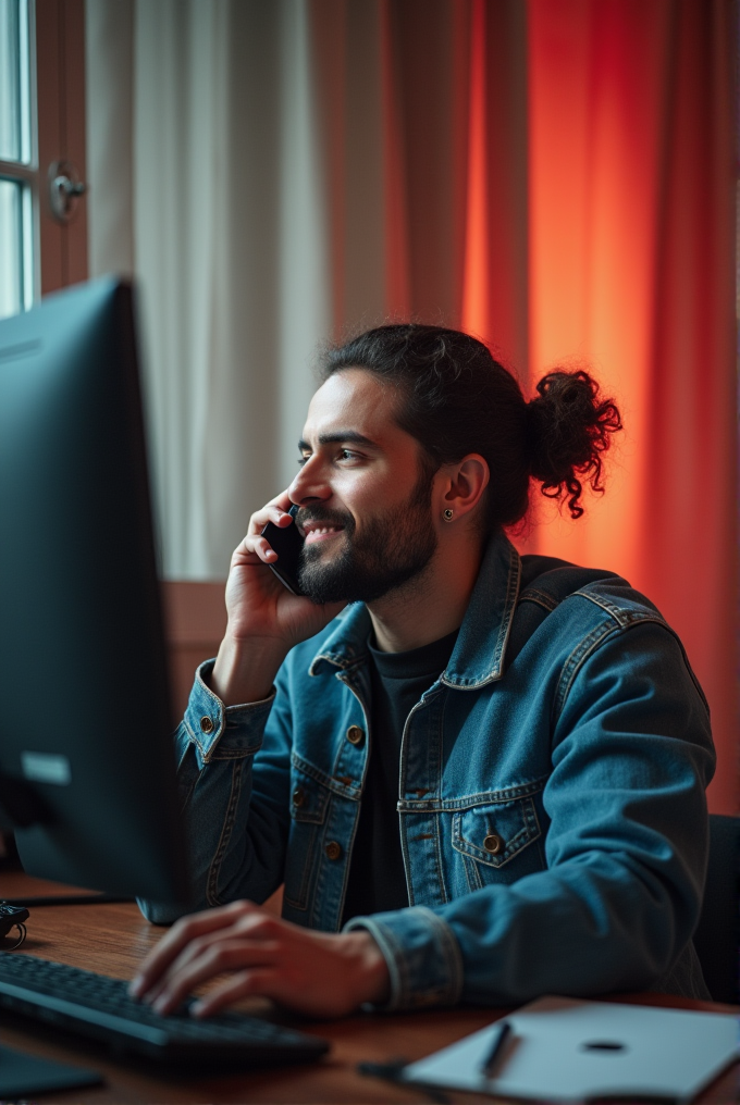 A person with a beard and man bun, wearing a denim jacket, is smiling while talking on a mobile phone and using a computer at a desk, with warm lighting in the background.