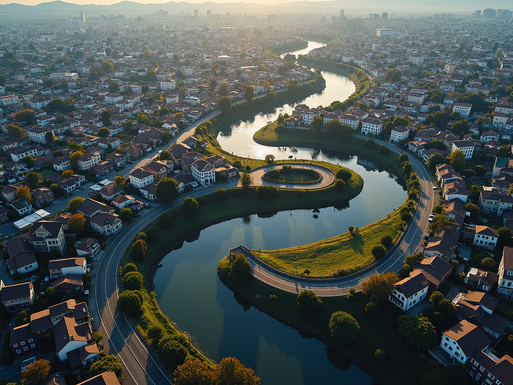 An aerial view of a city featuring a winding river bordered by lush greenery and residential buildings, with roads curving around the water's edge under a warm, golden sunset.