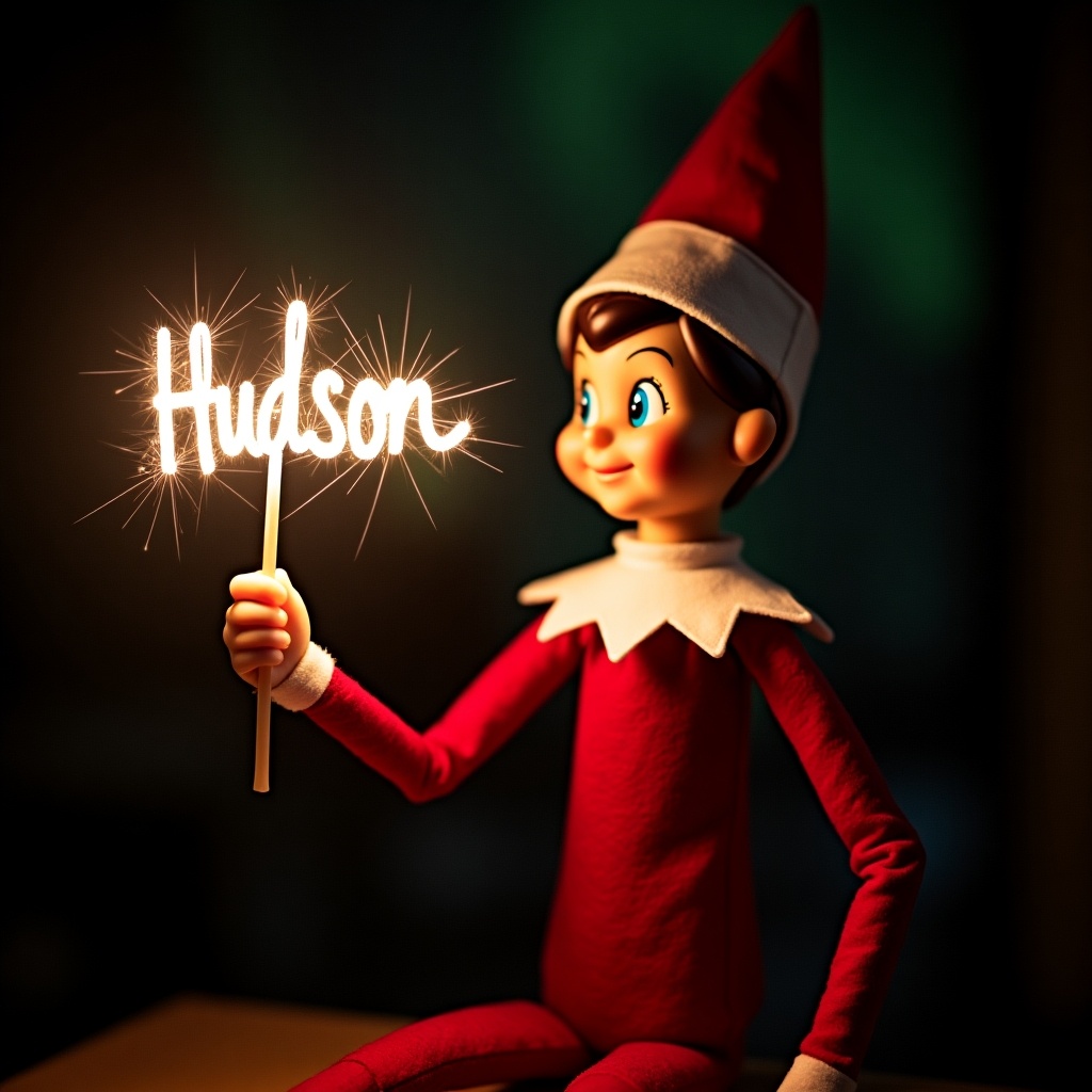 This image features an elf on the shelf character, dressed in traditional red and white attire. The elf is holding a glow stick that forms the name 'Hudson' in bright, soft light. The background is dark, which enhances the glowing effect of the text. It creates a warm, festive atmosphere, embodying the joy of the holiday season. The scene evokes feelings of magic and cheer associated with Christmas celebrations.