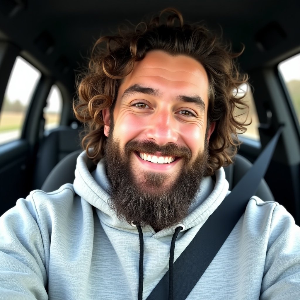 A man is sitting in a vehicle, smiling at the camera. He is wearing a gray hoodie that complements his long, curly hair and full beard. The car interior provides a cozy backdrop, with soft lighting creating a cheerful atmosphere. He is secured with a seatbelt, indicating safety. The playful expression on his face exudes warmth and friendliness, making the image inviting and relatable.