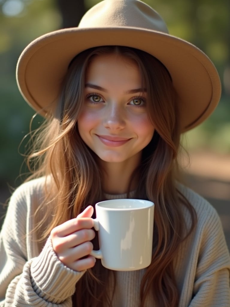 A young woman holding a white cup. She wears a stylish beige hat and is outdoors surrounded by greenery. Her long hair is gently tousled by the wind. She appears relaxed and happy while enjoying her drink.