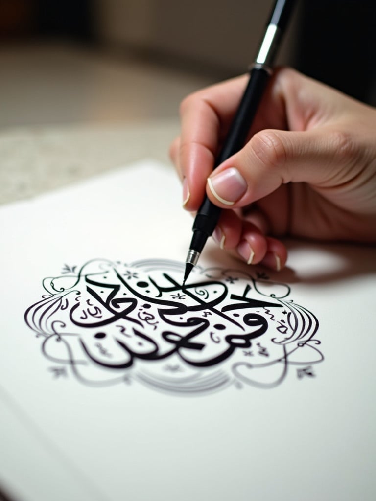 A close-up view displays a hand using a pen to create Arabic calligraphy. Bold black ink contrasts sharply with the white paper. The hand appears steady while focusing on the letters. Decorative designs frame the prominent calligraphy. Soft lighting enriches the visual texture of the strokes.