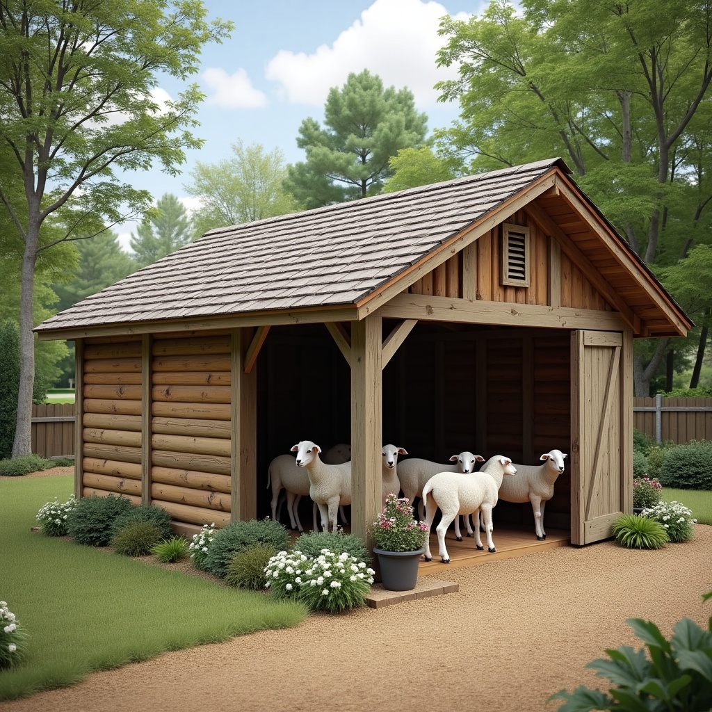 Wooden shelter for sheep in a green yard. Several sheep standing near the entrance. Area designed for animal care. Natural daylight highlights the structure. Provides protection from weather.