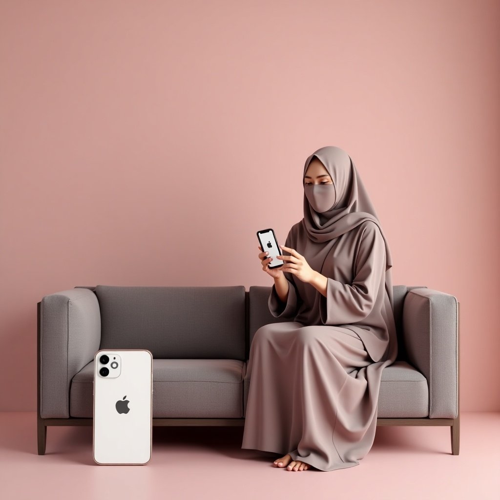 Real-life photo setting on gradient mauve background with modern sofa. A modestly veiled woman sits on the sofa in loose-fitting attire. Her legs are entirely covered. She holds a mobile phone displaying Instagram comments. A large mockup of an iPhone is placed next to her on the sofa.