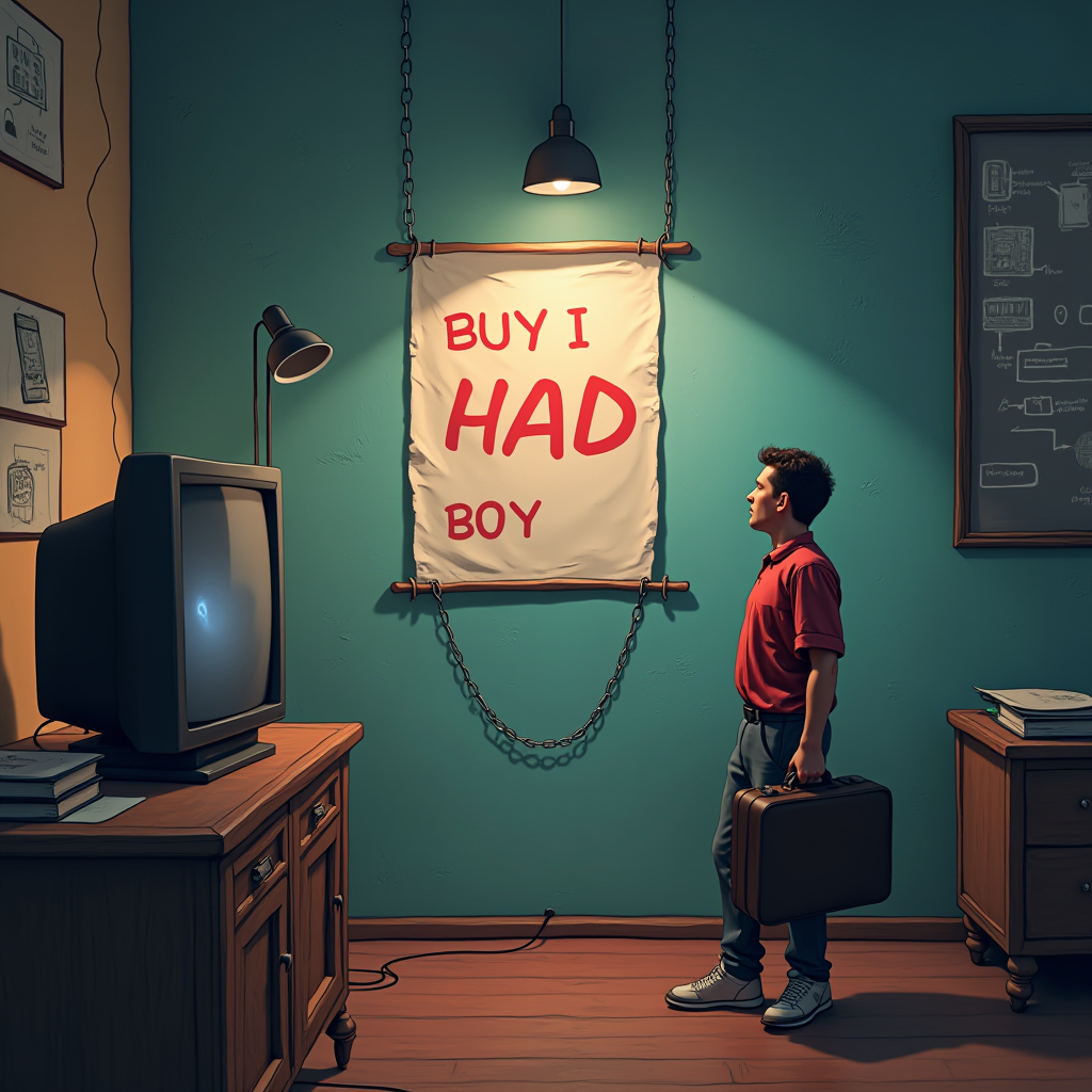 A man stands holding a suitcase, looking at a sign that reads 'BUY I HAD BOY' in a dimly lit room with a vintage TV.