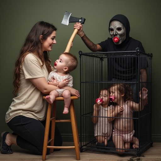 A playful indoor scene with a mother pretending to chop with a toy axe. A young girl lies on a stool with a huge pacifier. Two siblings are in a small cage with pacifiers. The mother wears a mask, creating a whimsy atmosphere.