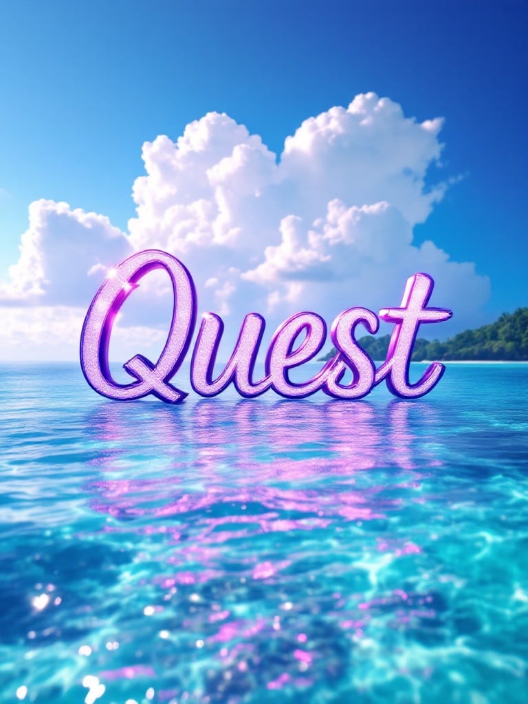 Image features the word 'Quest' soaring over the Caribbean Sea. The scene showcases turquoise waters stretching to the horizon. The sea reveals coral reefs. Fluffy white clouds are in a brilliant blue sky. Letters appear crafted from ethereal material reflecting sunlight. They glow and cast shadows on the water. Lush green islands are in the distance suggesting discovery.