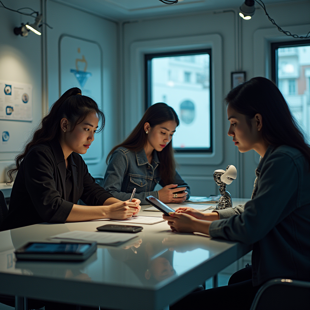 Three women intensely working around a table in a modern office setting.