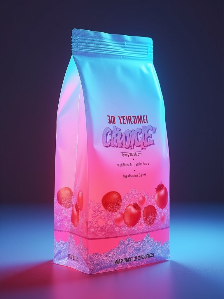 Packaging design for a product. Bag made with lychee red and ice blue colors. The design features a 300ml frost text. Bottom of the bag has a wavy appearance. A placeholder for a logo is in the upper right corner. Lighting is surreal and atmospheric.