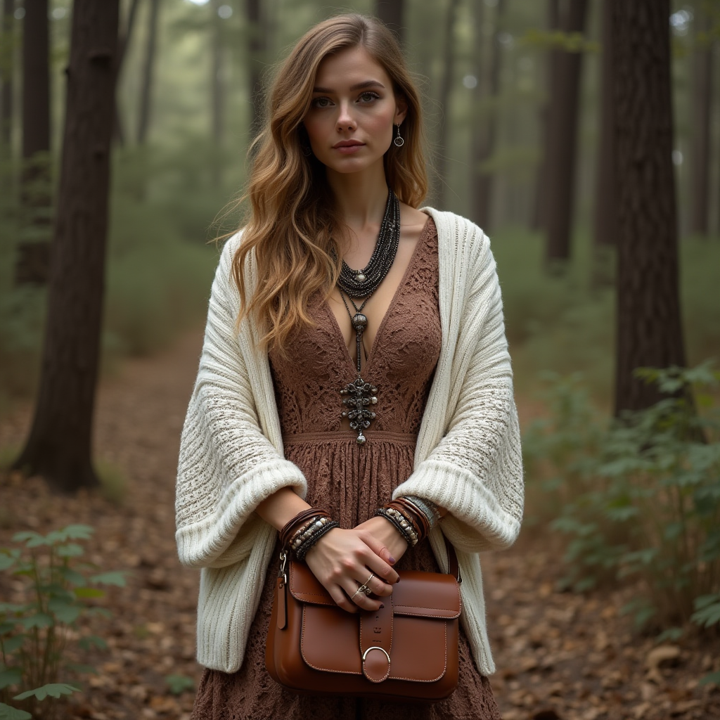 A woman in a lace dress and knitted cardigan stands in a misty forest.