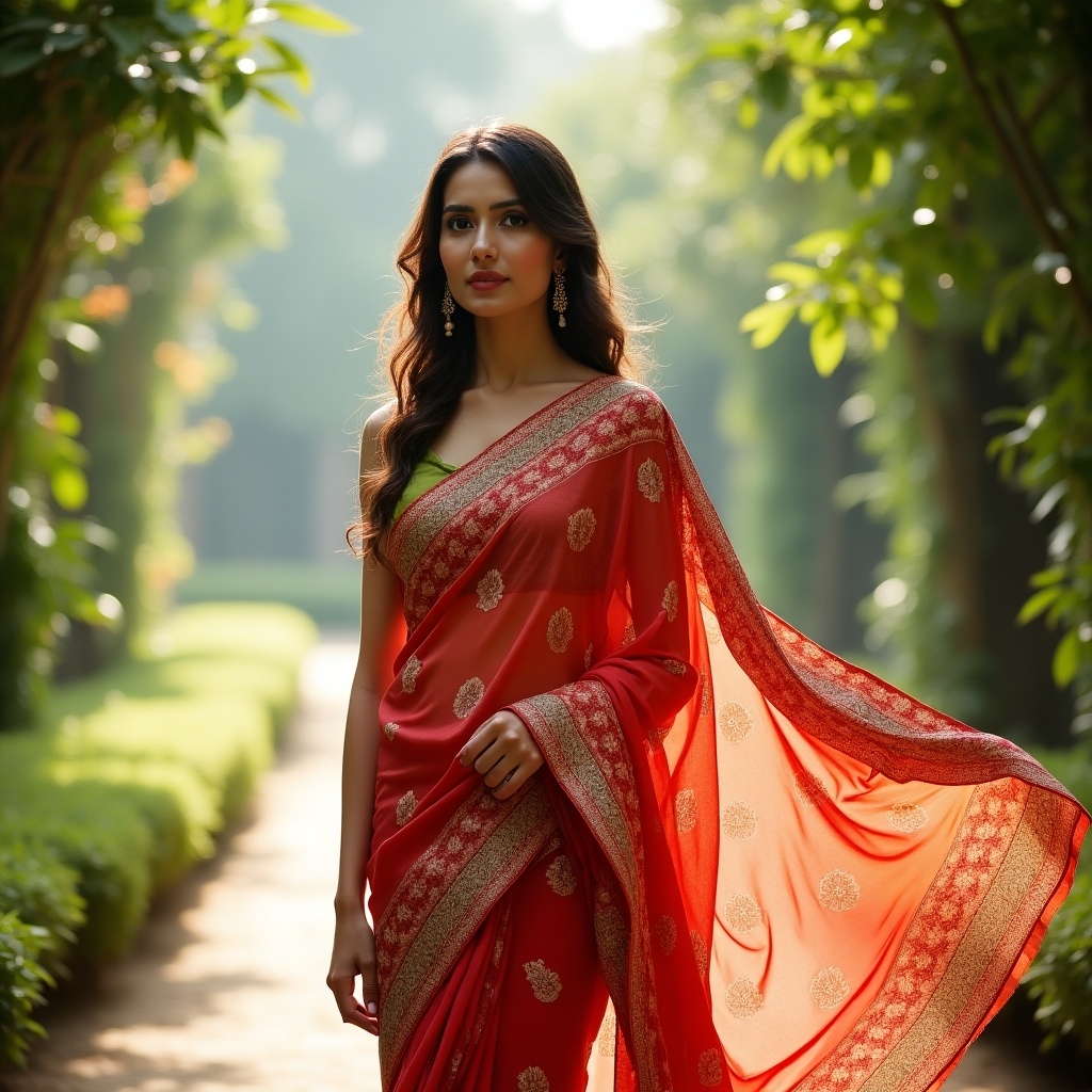 Woman wearing a beautiful red saree in an outdoor setting. Saree draped elegantly, showcasing intricate patterns. Soft sunlight filtering through trees creates a warm atmosphere.