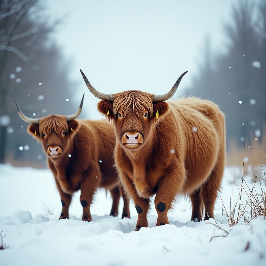 Highland cows standing in a snowy landscape during winter. Soft snowfall with trees in the background. Two cows in focus, showing their characteristic horns and fluffy coats.