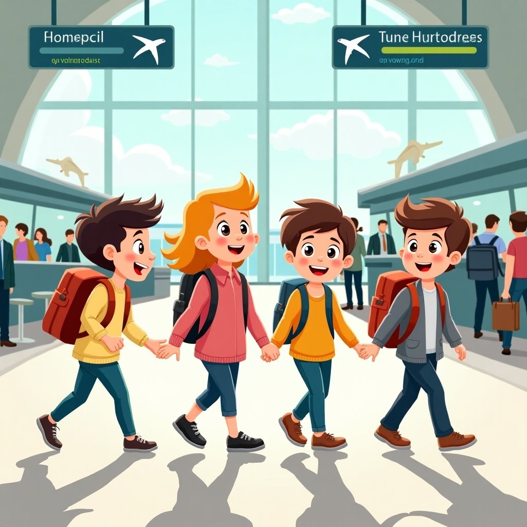 Four children walk together in an airport terminal. They carry backpacks. The scene is bright and full of life. Flight gate signs are visible. The children appear excited for their adventure.