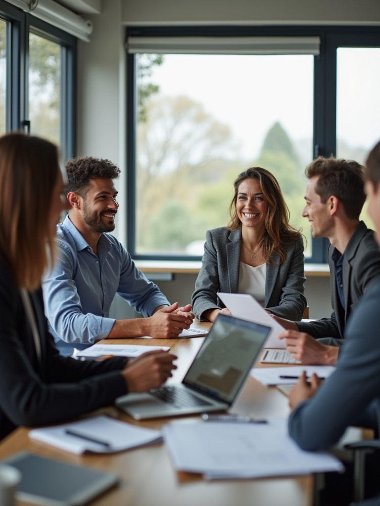 Diverse employees are engaged in a team meeting in a modern office. They are collaborating on strategies. Laptops and documents are on the table. The atmosphere is focused and professional.