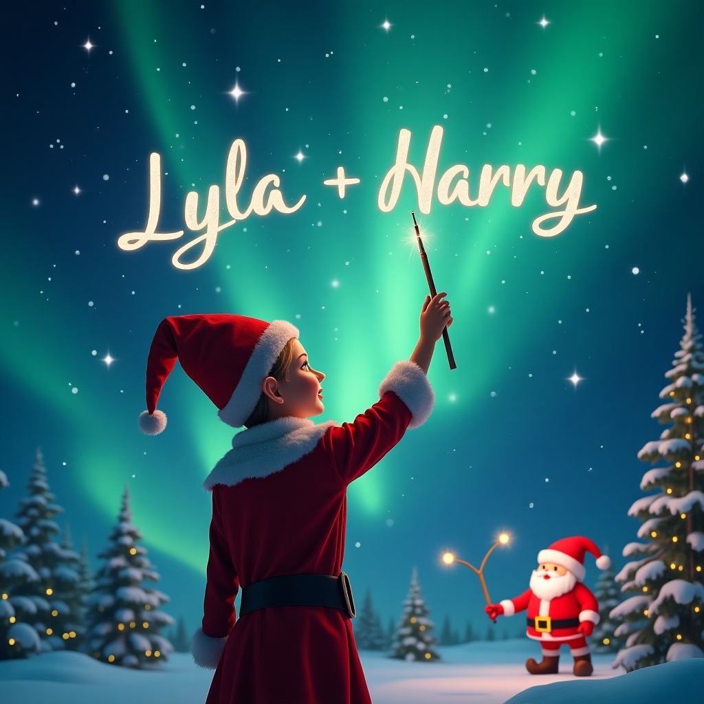 Elf stands with back to the viewer. Magical sky illuminated by northern lights. Wand in hand writing names 'Lyla' and 'Harry' in the air. Santa is present in the background.