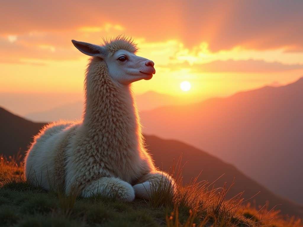 A llama sitting peacefully on a grassy hill during a vibrant sunset, with mountains in the background.